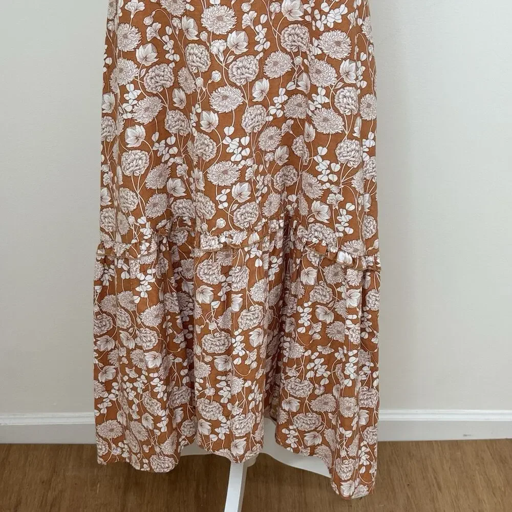 Saks Fifth Avenue Floral Ruffle Linen Blend Midi Dress Size L Brown White - Picture 5 of 12